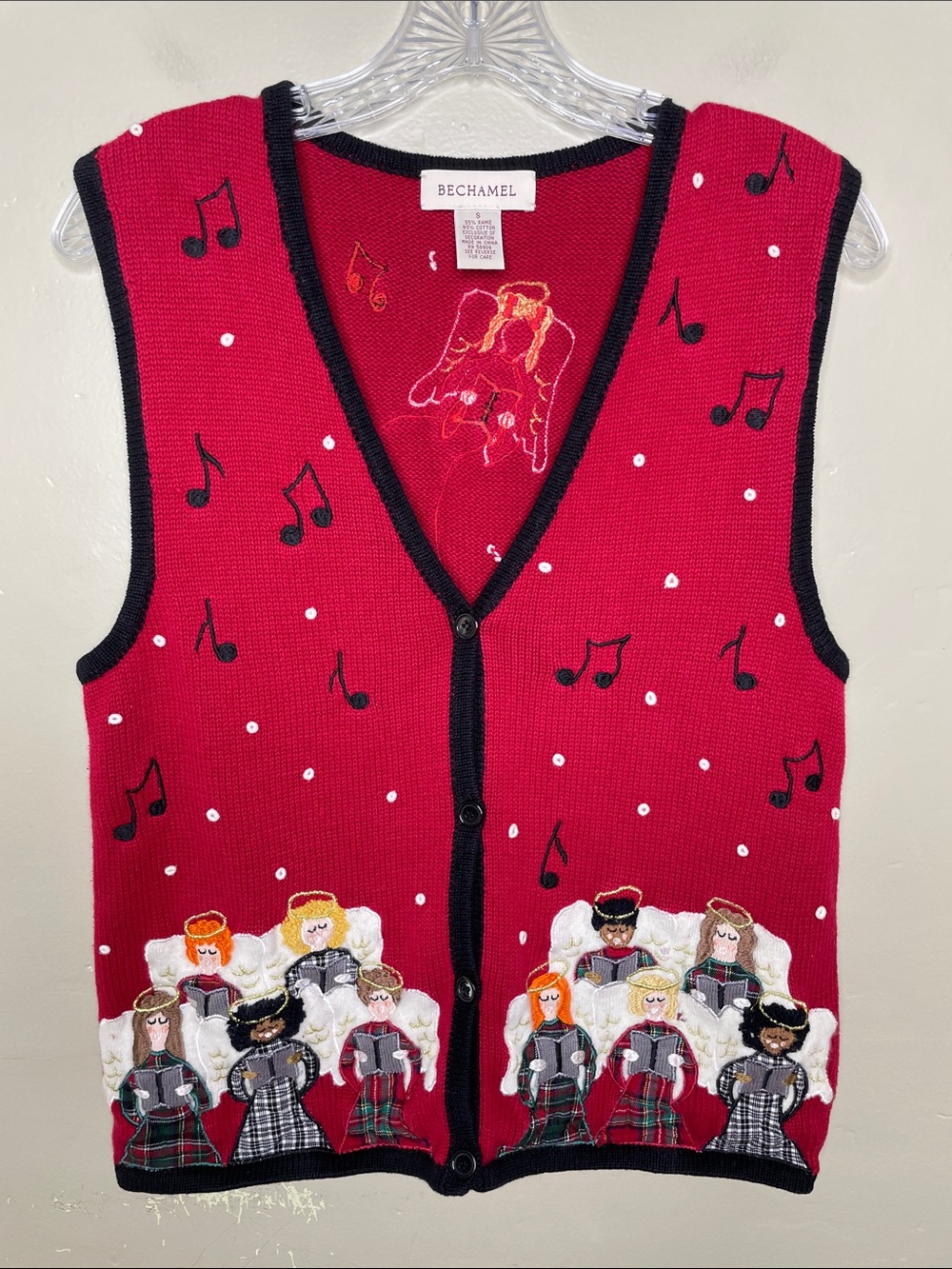 Vintage BECHAMEL Red & Black Embroidered Angle Choir Grannycore Sweater Vest Sm